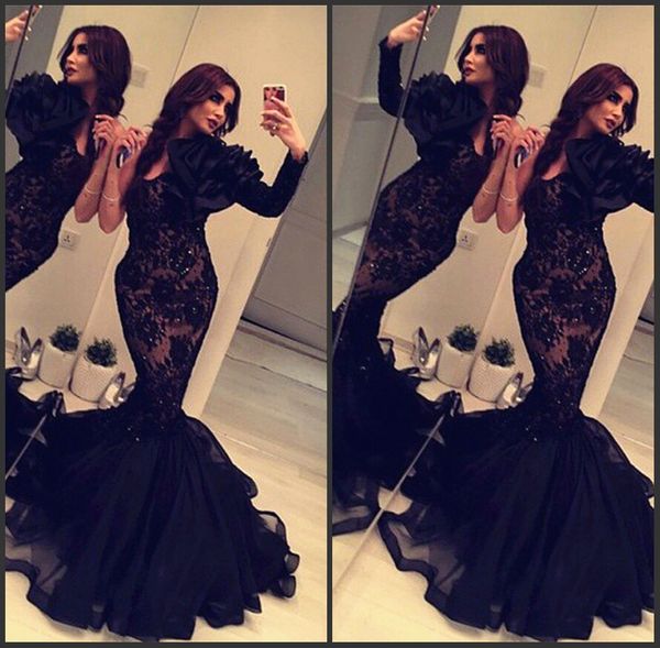 

sweep length gorgeous tulle lace appliqued black mermaid single shoulder puffy sleeves red carpet inspired mermaid evening dresses, Black;red