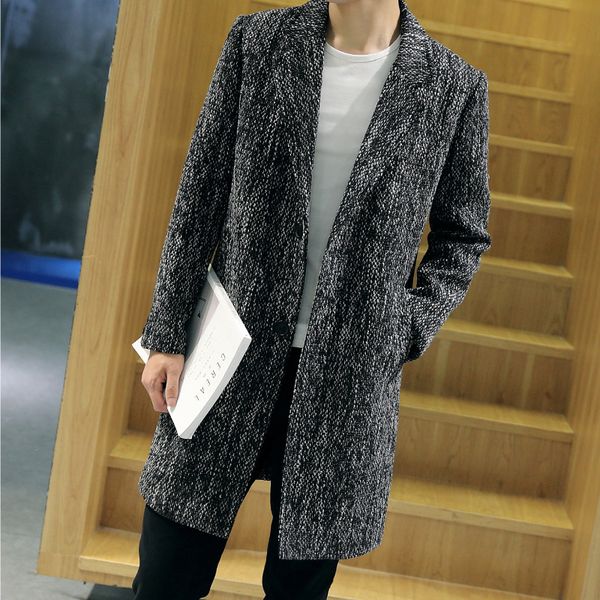 

fashion warm men cashmer coat slim long sleeve long men's woolen jacket casual open stitch coat and jacket, Black