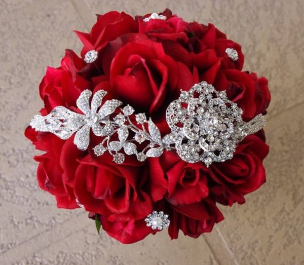 

silk red brooch wedding bouquet - natural touch roses and flower brooch jewel 10" bride bouquet - rhinestones, wedding accessory