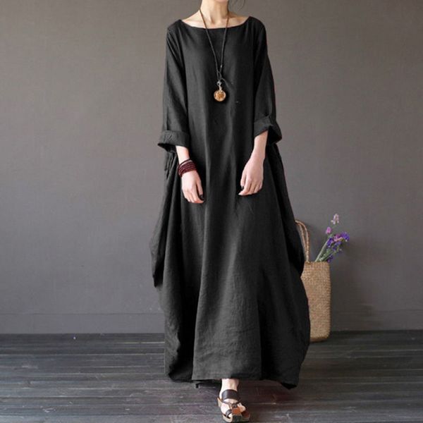 

women dress 5xl original vintage loose cotton linen dress for female summer long gown robe dresses plus size large size dresses, Black;gray
