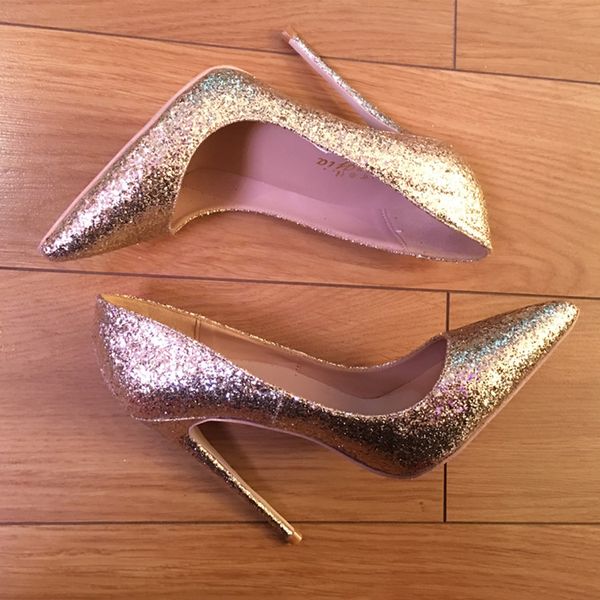 O envio gratuito de moda feminina bombas de Ouro Glitter ponta do dedo do pé sapatos de salto alto sapatos de salto fino genuíno de couro real foto sapatos de festa 12 cm 10 cm