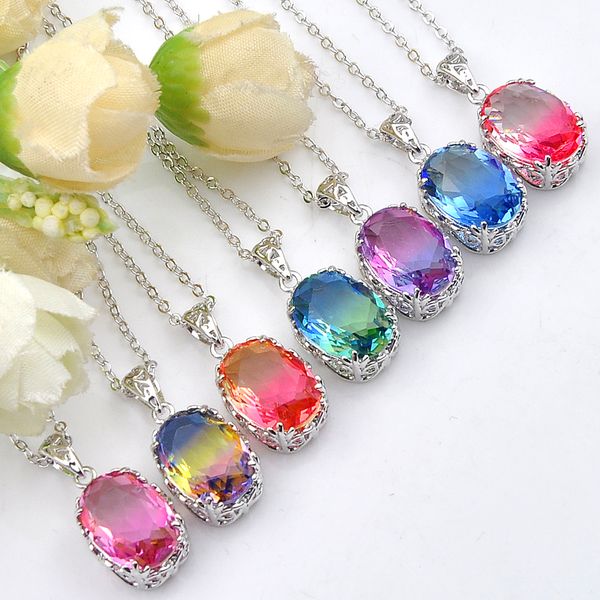 

7 color/lot 925 sterling silver holiday jewelry gift ellipse vintage bi-colored tourmaline mystic gems pendant necklace chain