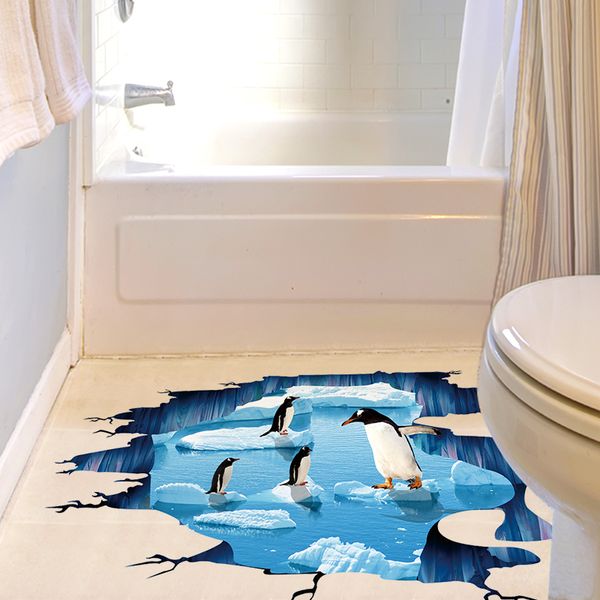 

shijuehezi] selling pvc material creative 3d floor sticker sea ice penguin wall art for kids room bathroom decoration