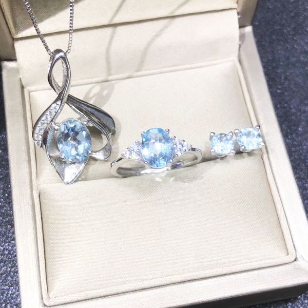 

natural aquamarine classic ring stud earrings pendant necklace jewelry set 925 sterling silver with 45cm chain for holiday party, Black