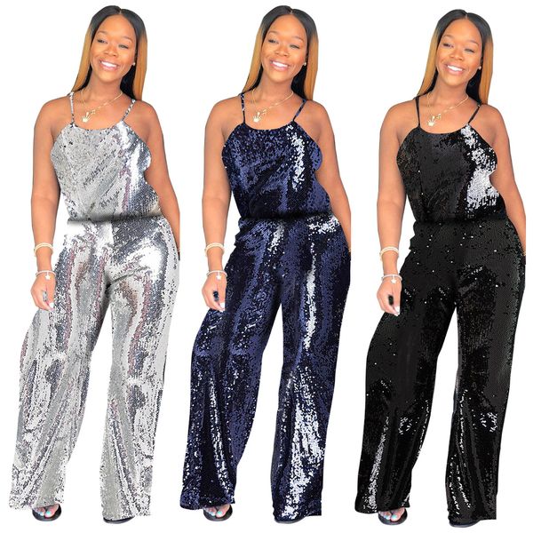 

women summer rompers halter sleeves sparkle glam solidcolor sequin spaghetti strap wide leg jumpsuit q146, Black;white