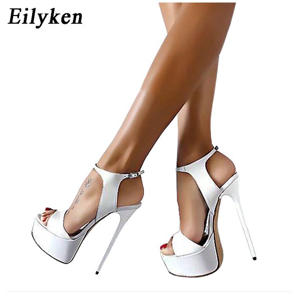 

eilyken women sandals gladiator party ankle strap patent leather concise ultra very high heel pumps 17cm fetish sandals shoes, Black