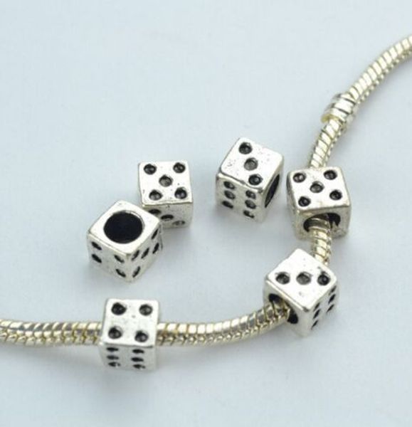 100 Pçs / lote Tibetano Prata Big hole Dice Spacer Beads encantos Para Fazer Jóias 7mm buraco 4mm