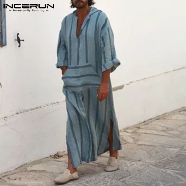 

incerun big size -5xl men casual shirts long sleeve deep v-neck stripe print dress shirt baggy loose tee islamic arab kaftan, White;black