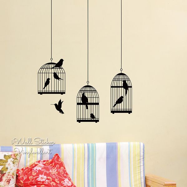 Acheter Cages à Oiseaux Autocollant Mural Moderne Cages à Oiseaux Sticker Diy Amovible Cages à Oiseaux Décoration Murale Coupé Vinyle Autocollants M53