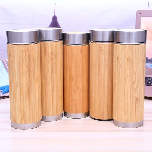 

bamboo tumbler stainless steel water bottles vacuum insulated coffee travel mug with tea infuser & strainer 16oz wooden bottle
