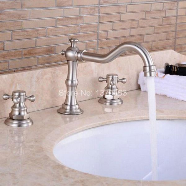 

deck mounted 3 holes bath tub mixer tap brushed nickel widespread dual cross handles bathroom basin faucet anf028