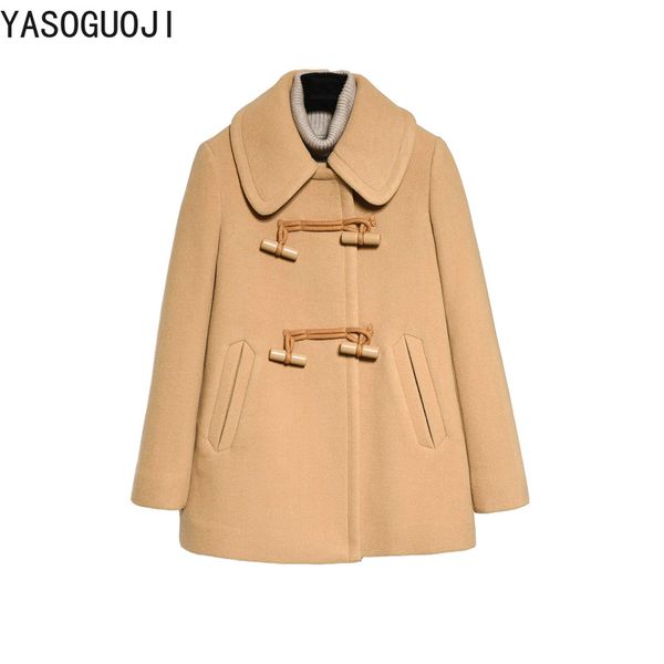 

yasuguoji new 2018 fashion turn-down collar yellow thick winter short jacket woman woolen cloak horn button coat women l001, Black