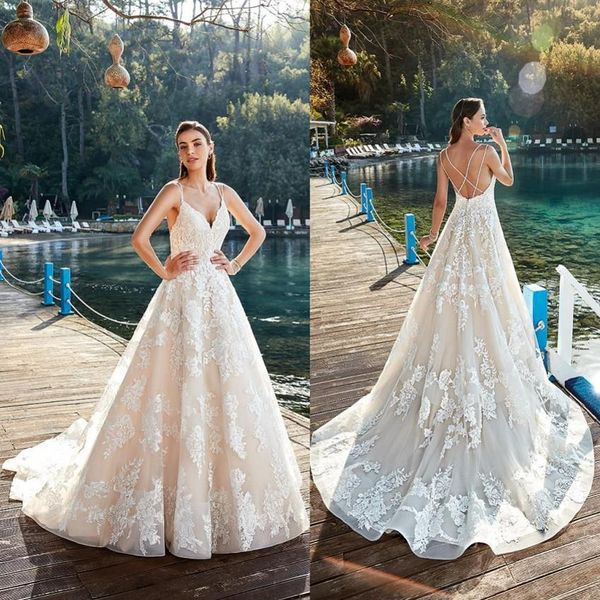 

Fantastic New Wedding Dresses Flowers Appliques Long A-line Sleeveless Bridal Gowns Backless Criss-Cross Sweep Train Country Wedding Dresses