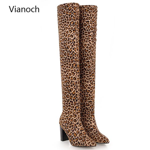 

fashion new winter ankle boots over the knee peopard high heels stretch fabric platform pumps heeled shoes leopard wo1808119, Black