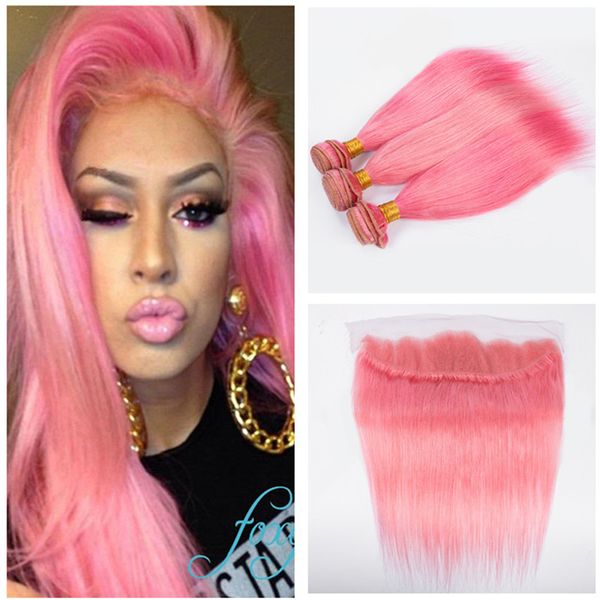 8a Light Pink Human Hair Bundles With Frontal Silky Straight Pink