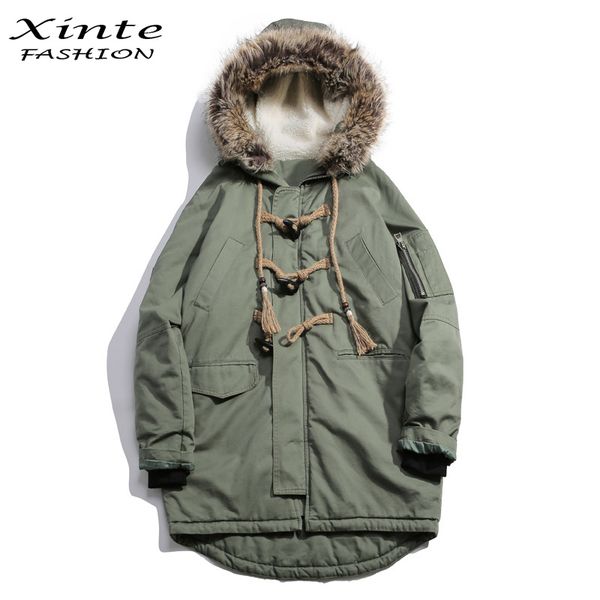 

2017 men brand winter jackets cotton padded coat with fur trim hood loose outwear parkas horn button christmas gift, Black