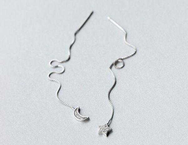 

new wholesale real. 925-sterling-silver crescent &moon star threader earrings dangle pull thought chain gtle913, Golden;silver