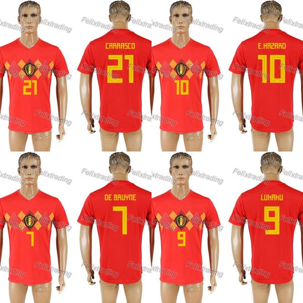 

2018 Belgium World Cup Soccer Jerseys FELLAINI 8 E.HAZARD 10 KOMPANY 4 LUKAKU 9 DE BRUYNE 7 MERTENS 14 BATSHUAYI 21 Jersey