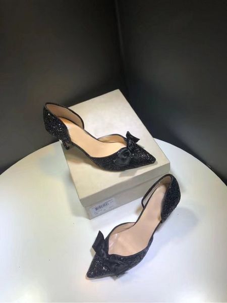 

оригинальная коробка] роскошные новые женские туфли на высоком каблуке из натуральной кожи платье jc wedding party design paillette bowknot, Black
