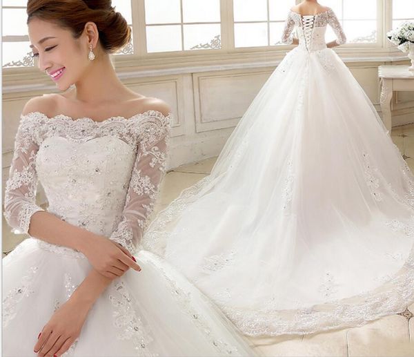 Vestido De Noiva 2018 Abiti da sposa di lusso con maniche a 3/4 Abito da sposa elegante in pizzo con strascico reale da principessa