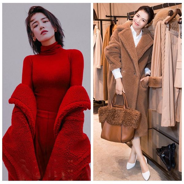 

ma si pure dili ba liu tao star with the 2017 winter women fur coat red lamb fur coat simple fashion lamb woolen coat, Black