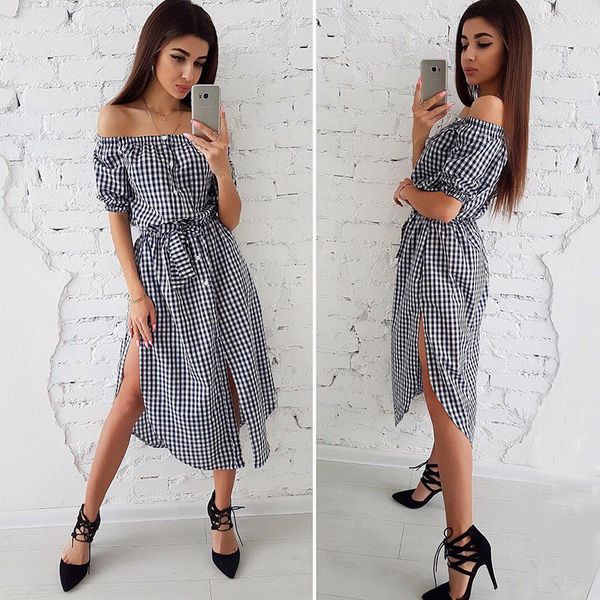 

women vintage off shoulder plaid belt dress half sleeve a-line elegant midi party dress 2018 autumn new fashion prom women, Black;gray