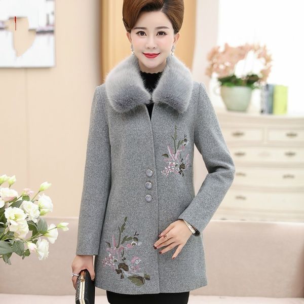 

spring autumn winter new women's casual floral embroidery middle long wool blend coat oversize women cashmere outerwear, Black