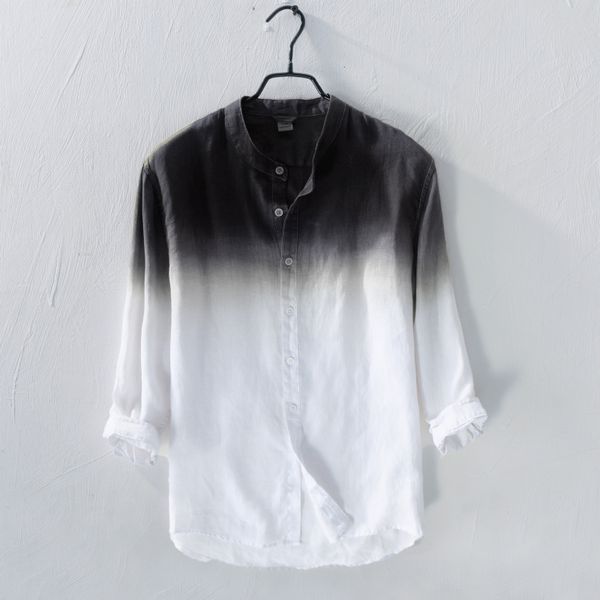 

new design stand collar gradient linen shirt men brand fashion long-sleeved flax shirt mens breathable shirts male camisa, White;black
