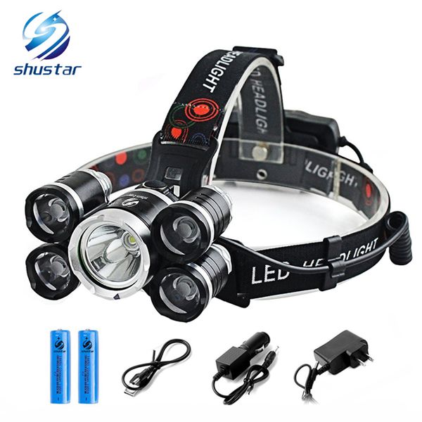 

shustar 15000lm t6 5 led headlight headlamp head lamp light 4 mode torch 2x18650 battery car charger for fishing