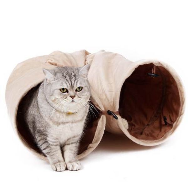 Pawzroad animal de estimação brinquedos grandes gato longo túnel puro cor camurça material bolas com brinquedos engraçados de gato 120cm gatinho jogar 2 furos animais de estimação suprimentos