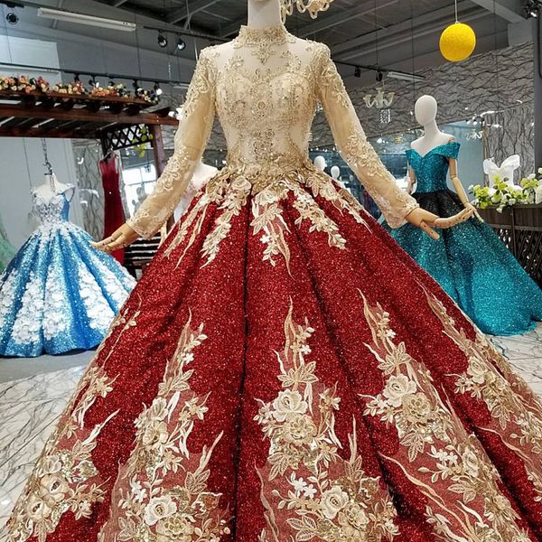 

shiny burgundy evening dress 2019 long sleeve high neck golden flowers wine red ball gown muslim women dresses classic style prom dress, Black;red