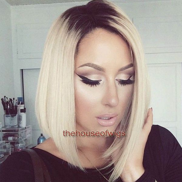 1b 613 Blonde Hair Dark Roots Ombre Bob Lace Wig With Baby Hair