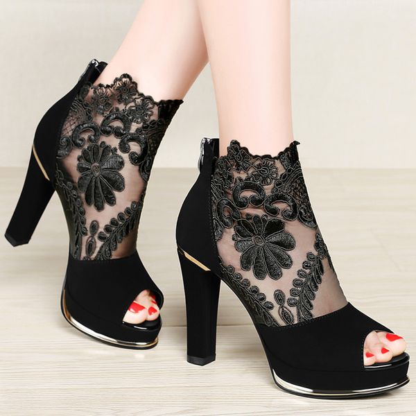 

women sandals 2017 new fashion spring summer lace air mesh peep toe zip high heels platform party casual shoes black red