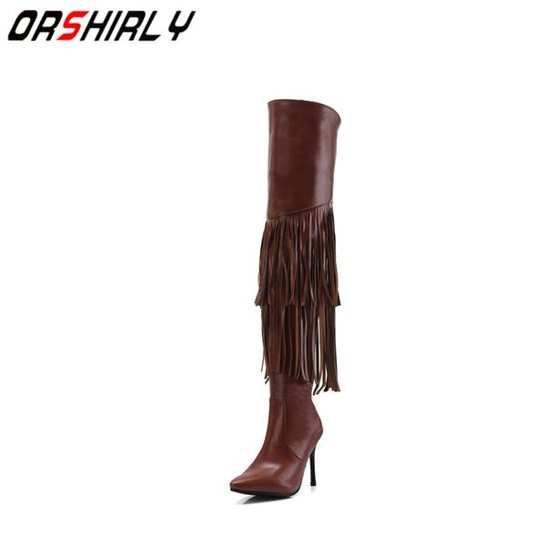 

orshirly over-the-knee motorcycle women boots super high thin heels thigh high boot fringe autumn/early winter handmade, Black