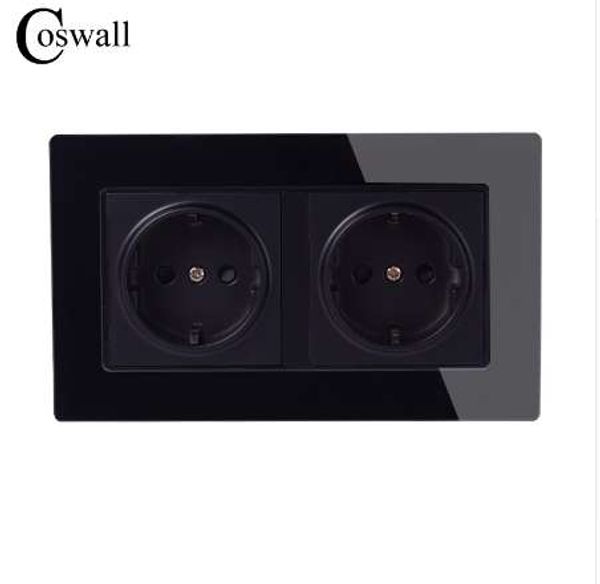 Coswall Wand-Kristallglas-Panel-Steckdose, geerdet, 16 A, EU-Standard, elektrisch, schwarz, Doppelsteckdose, 146 mm x 86 mm, 110–250 V