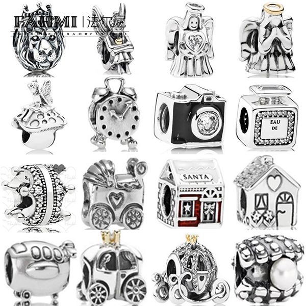 

fahmi 100% 925 sterling silver 1:1 charm baby carriage alarm clock royal carriage pearl bottle bead santa's house enamel angel of love, Black