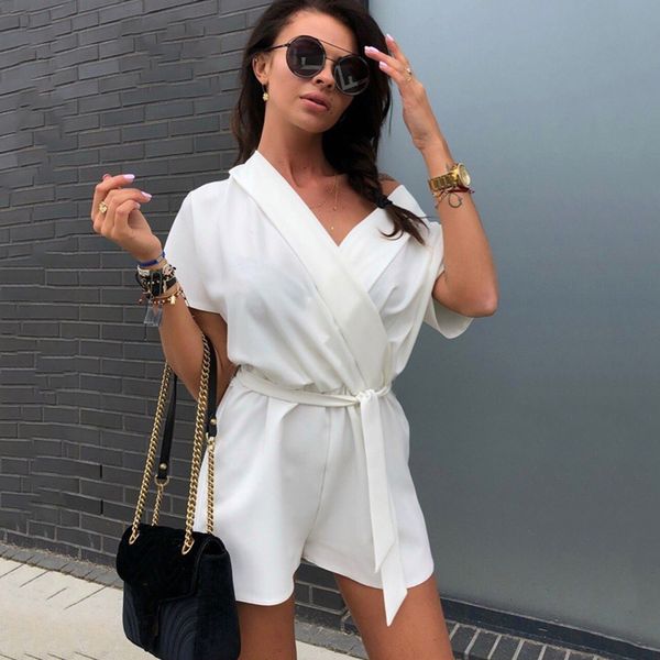 

2018 summer women's new v-neck jumpsuit fashion sashes overalls solid belt regular eleparty prom ladies playsuits, Black;white