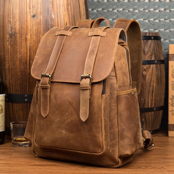 

first layer cowhide retro man outdoor travel backpack wild crazy horse leather computer bag
