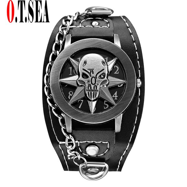 

o.t.sea brand skull leather watch men fashion sports quartz wrist watch relogio masculino 1831-10, Slivery;brown