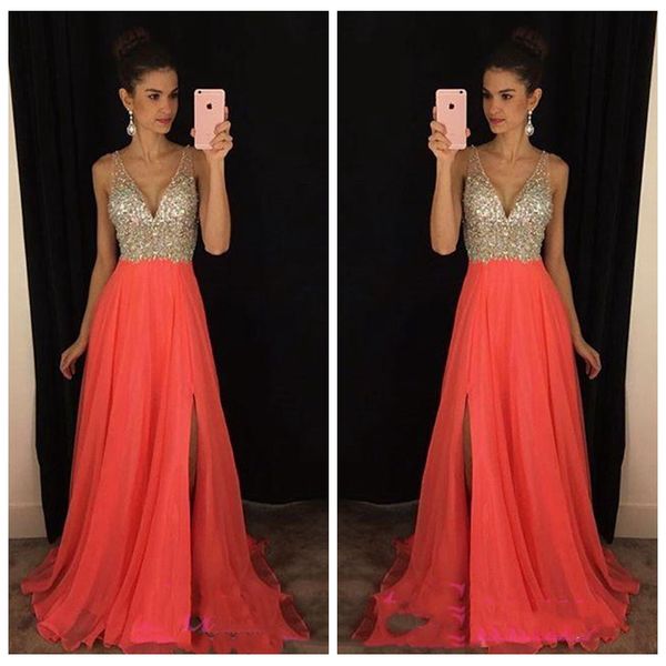 

2018 sheer v-neck chiffon split prom dresses a line shiny beaded crystal sequins empire waist special party dress, Black