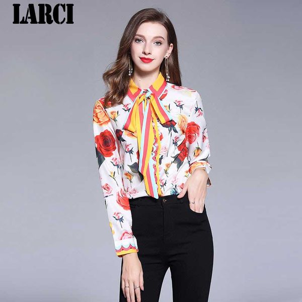 

women's blouses & shirts larci women tunics 2021 fashion long sleeve lace up bow tie retro printing vintage chiffon blouse ladies offic, White
