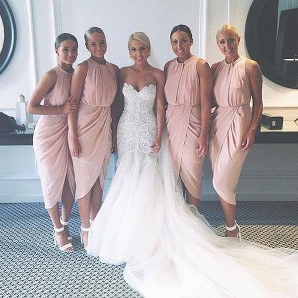 

асимметричный чай длина подружки невесты платья драгоценный камень шеи без рукавов рюшами драпированные рукавов свадебное платье для гостей, White;pink