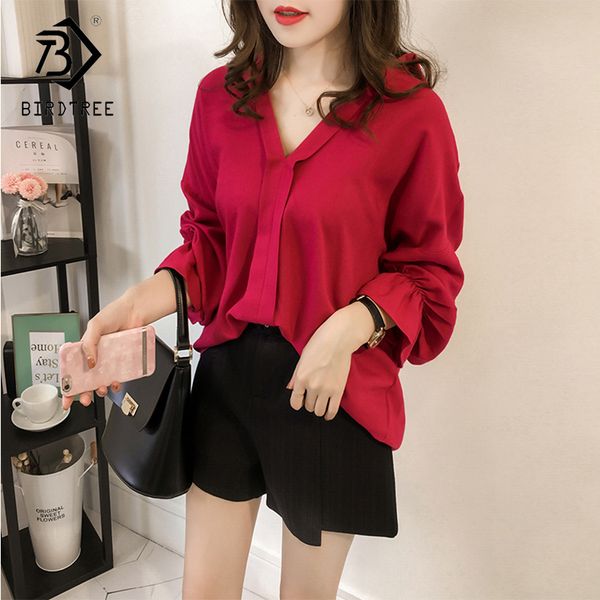 

2018 autumn new arrival women's blouses korean style full flare sleeve v-neck loose slim sweet chiffon sale t88627ld, White