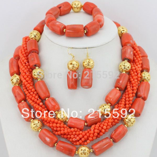 

pink coral bead necklace set nigerian wedding jewelry set african jewelry sets bridal necklace cj105, Slivery;golden