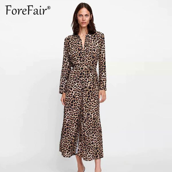 

forefair women leopard print dress long sleeve bow tie sashes retro shirt dress 2019 spring elegant chic ankle length dresses, White;black