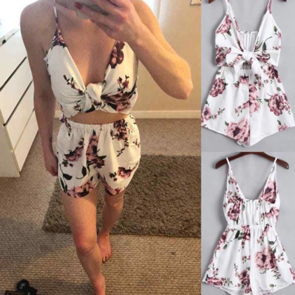 

holiday summer women jumpsuit cropped bodycon floral print cami playsuit high waist shorts romper beach casual, Black;white