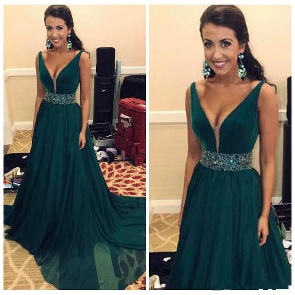

2018 Hunter Green ChiffonSexy V Neck Long Evening Dresses Sleeveless Crystal Beading A Line Formal Prom Gowns Pageant Dresses Custom Made, Black;red