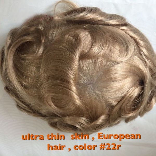 Ultra Thin Skin Men Toupee 0.02-0.04mm Sostituzione dei capelli colore 22R European Remy Human Hair Mentoupee System