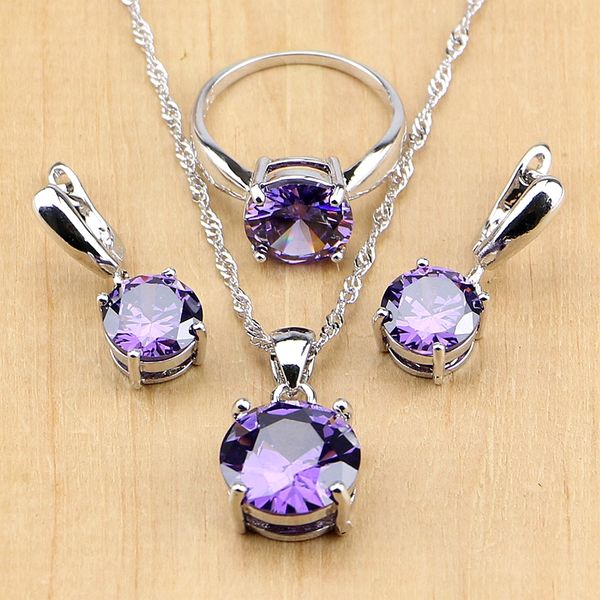 

925 silver party jewelry purple cubic zirconia white zircon jewelry sets for women earring/pendant/necklace/ring, Slivery;golden