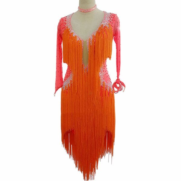 

latin dance dress women performance flapper dress diamond tassel long sleeve v-neck latino dancing competition dresses dl2527, Black;red